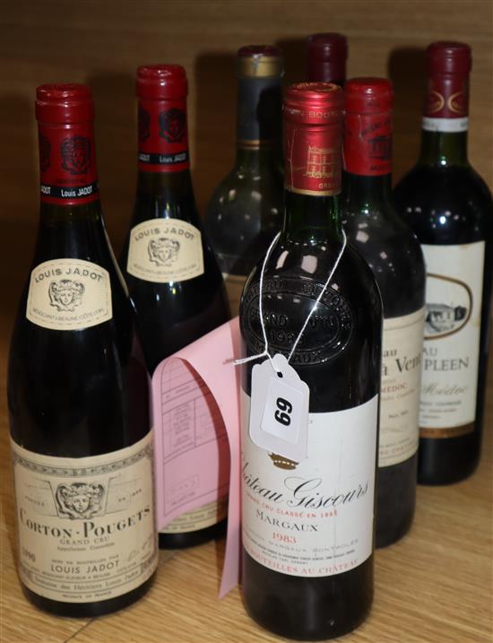 Seven bottles of wines Louis Jadot Corton-Pougets 92, Ch. Giscours Margaux 1983 Ch Talbot 1979, Ch Fontarney 1987, Ch Moulin A Vent 198